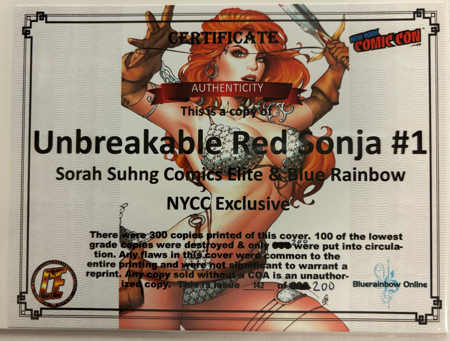 Unbreakable Red Sonja #1 Sorah Suhng NYCC Exclusive 142/200 w/COA NM (pre-owned)